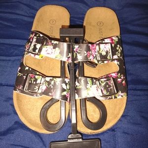 "Just be" Sandals, size 7, Black with Pink Flowers, manmade materials